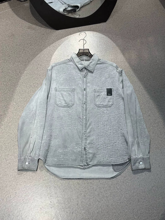 Dior Distressed Gray Denim Shirt Jacket-yf