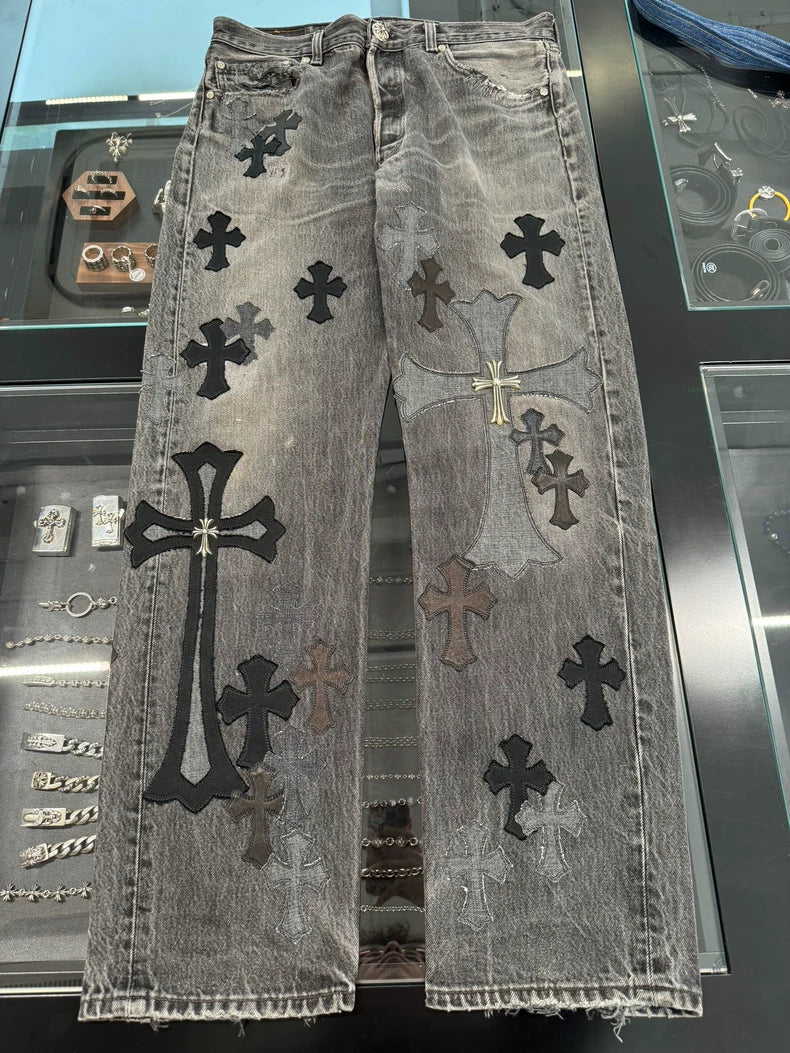 Chrome Hearts Black Gray Jeans with Crosses-yf