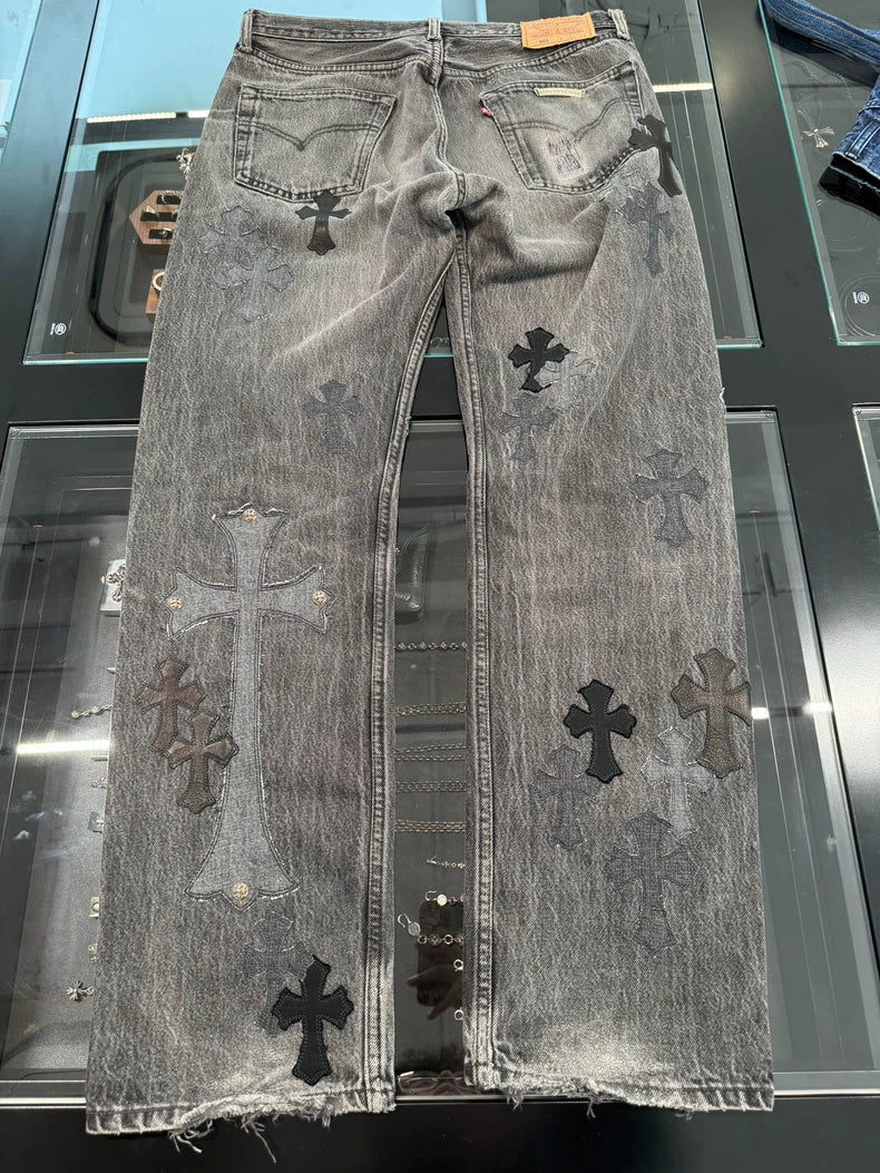 Chrome Hearts Black Gray Jeans with Crosses-yf