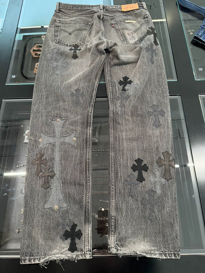 Chrome Hearts Black Gray Jeans with Crosses-yf