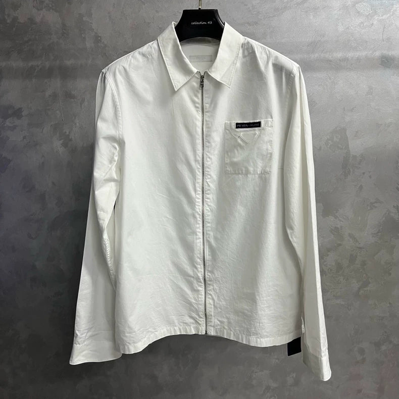 Prada White Zip Collar Long Sleeve Shirt-yf