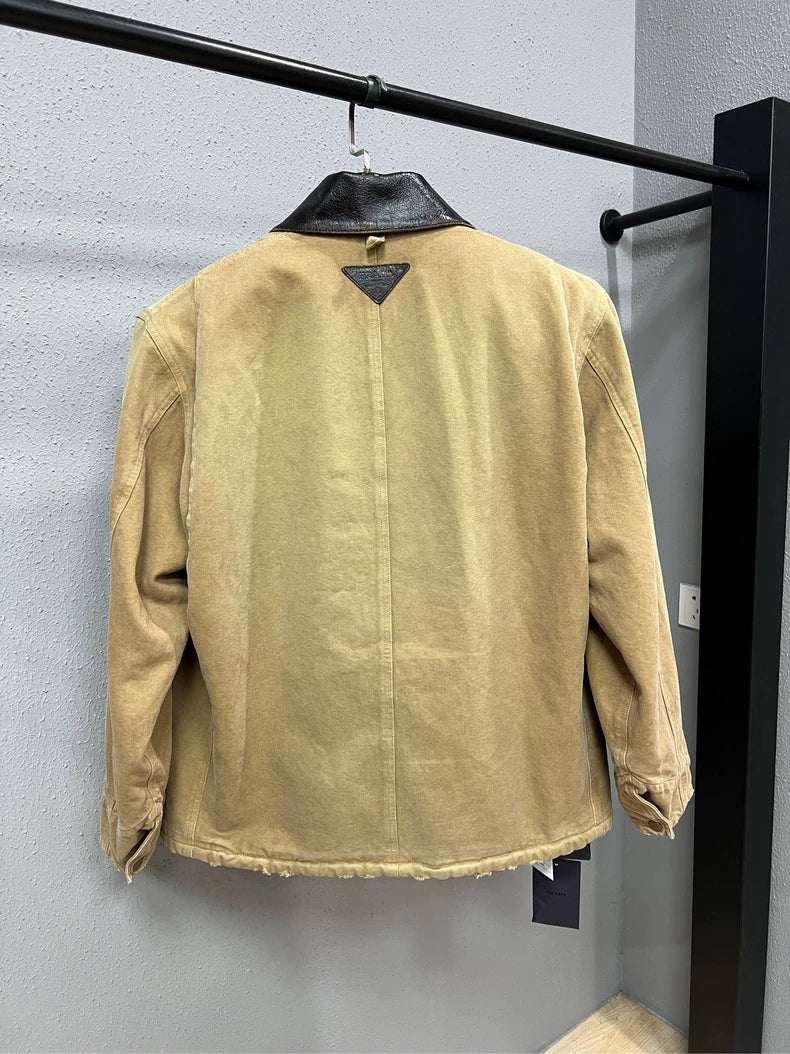 Prada Khaki Vintage Jacket with Leather Collar