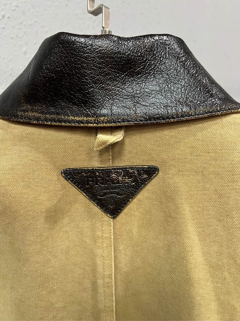 Prada Khaki Vintage Jacket with Leather Collar