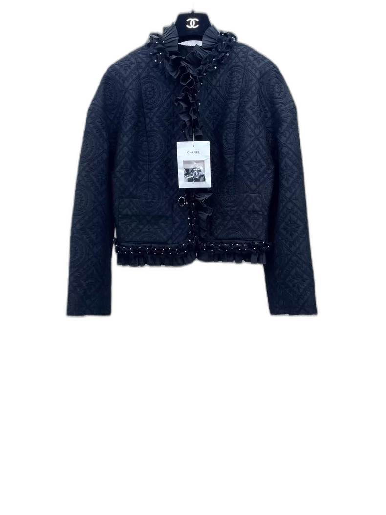 Chanel Black Velvet Ruffle Button Jacket