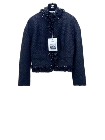 Chanel Black Velvet Ruffle Button Jacket