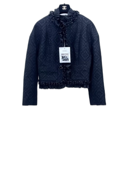 Chanel Black Velvet Ruffle Button Jacket