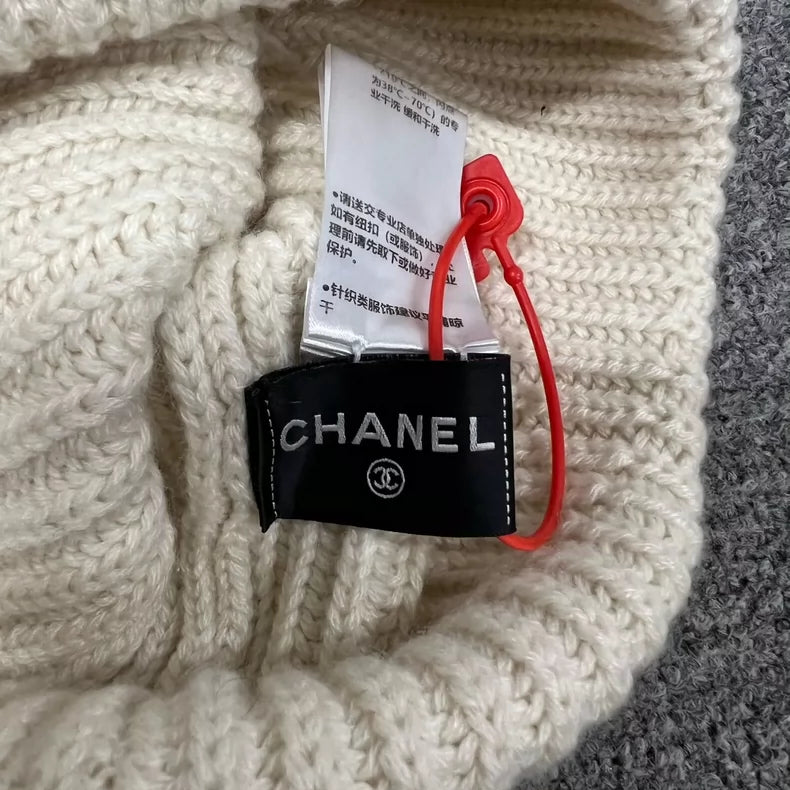 Chanel Cream Wool Logo Beanie Hat
