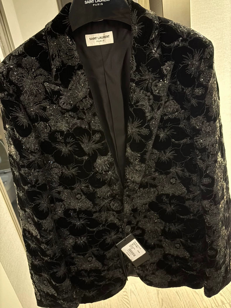 Saint Laurent Black Velvet Embroidered Blazer