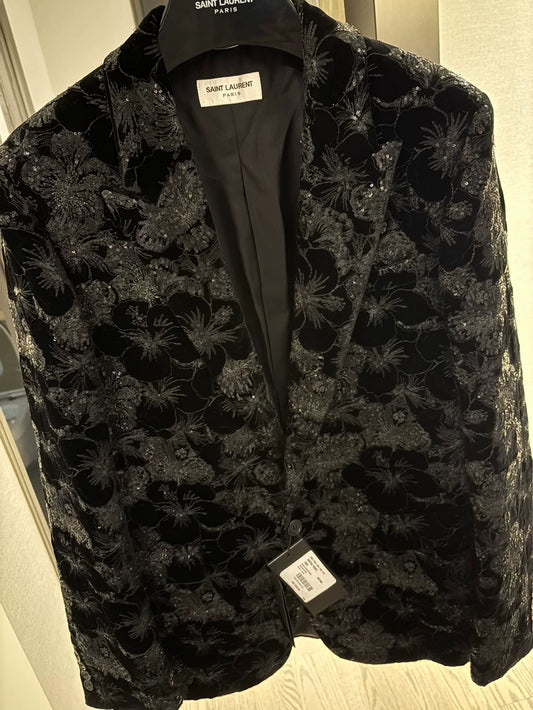 Saint Laurent Black Velvet Embroidered Blazer
