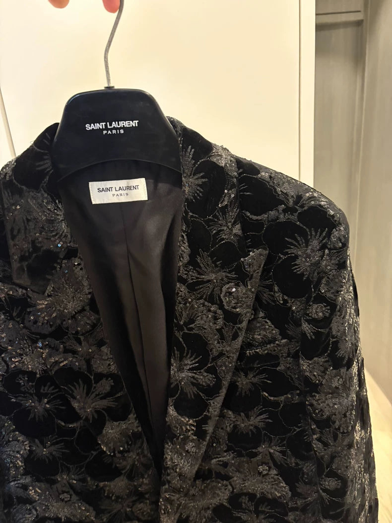 Saint Laurent Black Velvet Embroidered Blazer
