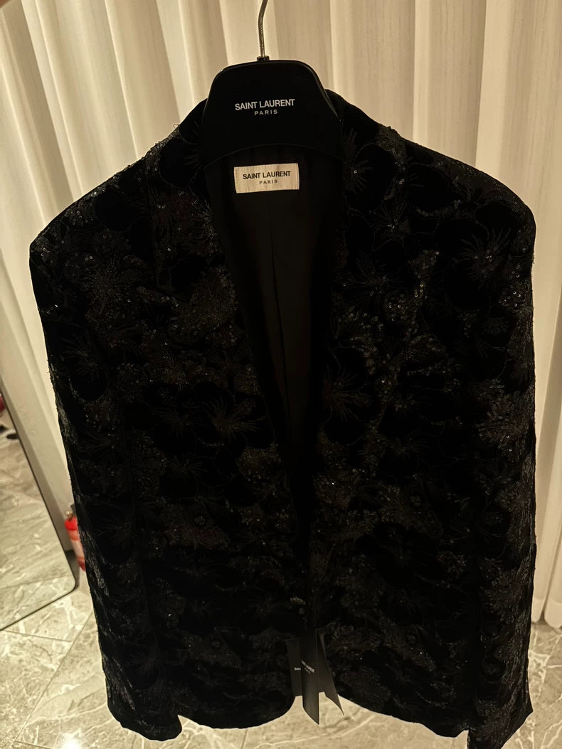 Saint Laurent Black Velvet Embroidered Blazer