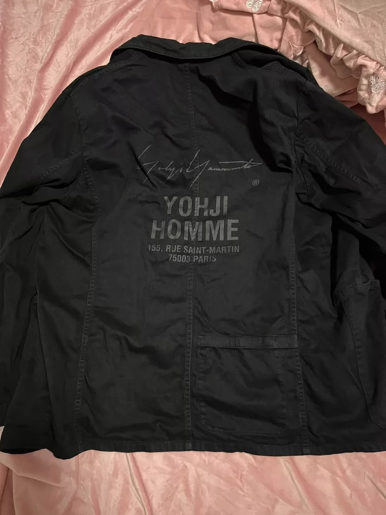 Yohji Yamamoto Black Cotton Printed Jacket