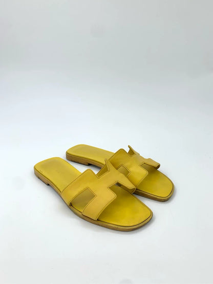 Hermes Yellow Leather Slippers Size 37