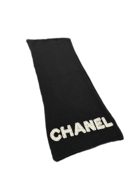 Chanel Black Wool Scarf with White Logo
