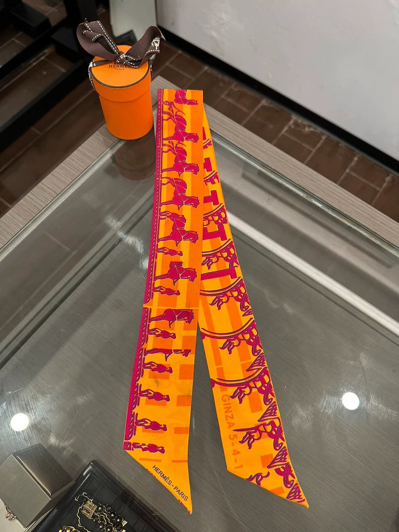 Hermes Ginza Twilly Silk Scarf Orange Pattern