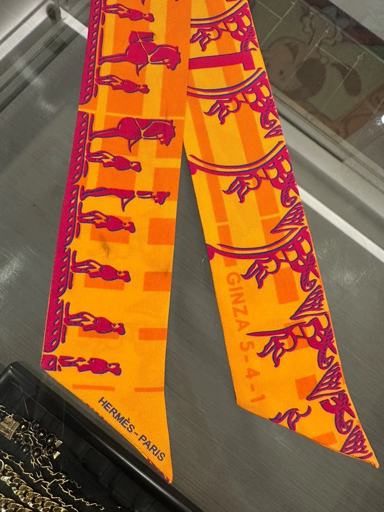 Hermes Ginza Twilly Silk Scarf Orange Pattern