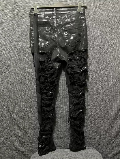 Rick Owens 23SS Detroit cut Double Ribbon Jeans with Erosion and Destruction Coating