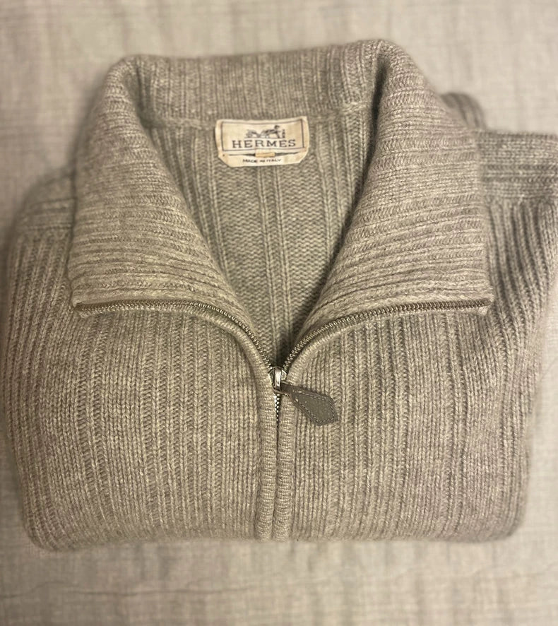 Hermes Grey Cashmere Zip Cardigan Sweater