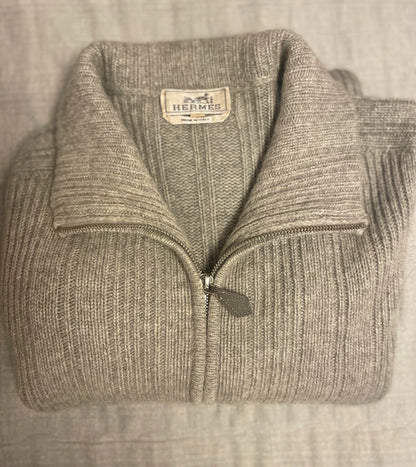 Hermes Grey Cashmere Zip Cardigan Sweater