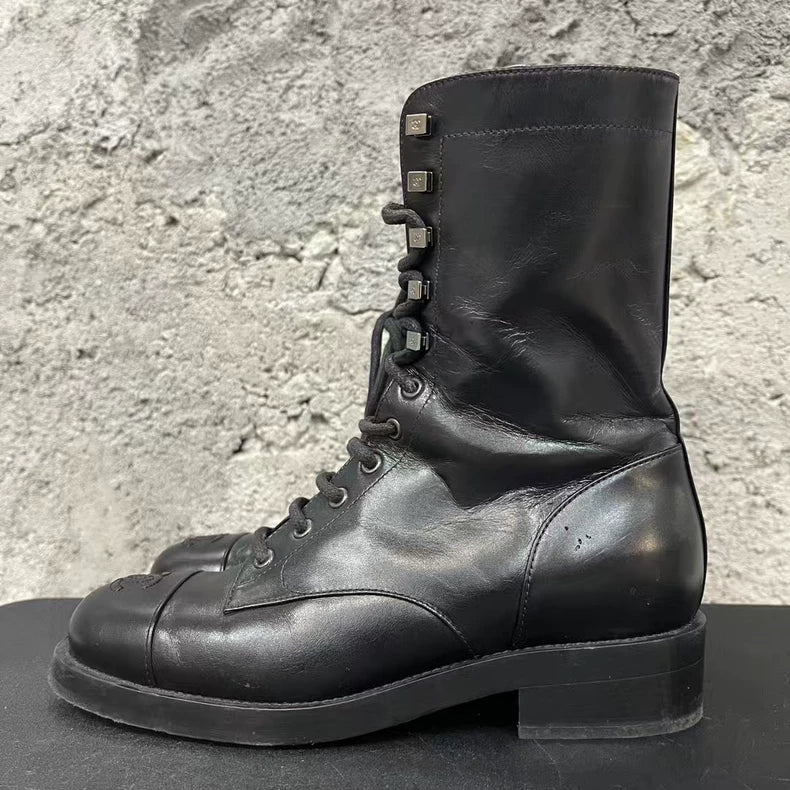 Chanel Black Leather Lace-Up Boots
