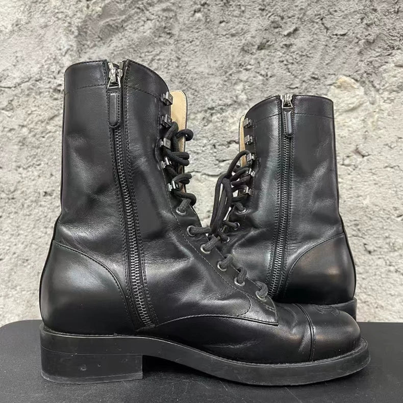 Chanel Black Leather Lace-Up Boots