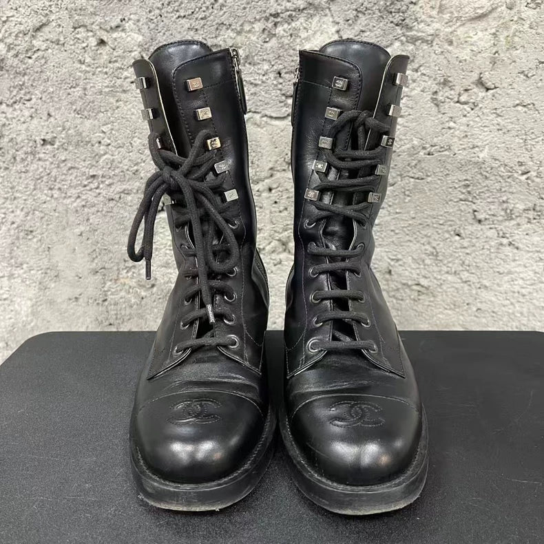 Chanel Black Leather Lace-Up Boots