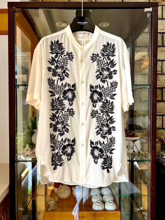 Saint laurent slp genuine 21ss catwalk black and white linen silk flower embroidered shirt