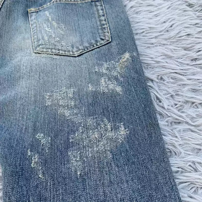 Saint Laurent 13fw show dark blue cat beard washed chain destroyed jeans.