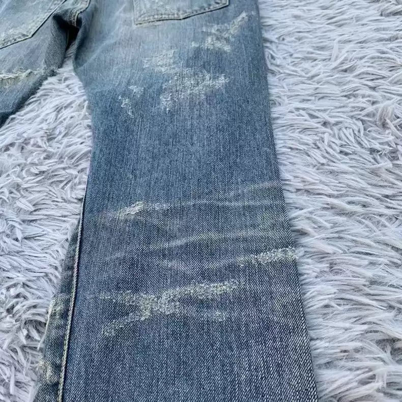 Saint Laurent 13fw show dark blue cat beard washed chain destroyed jeans.