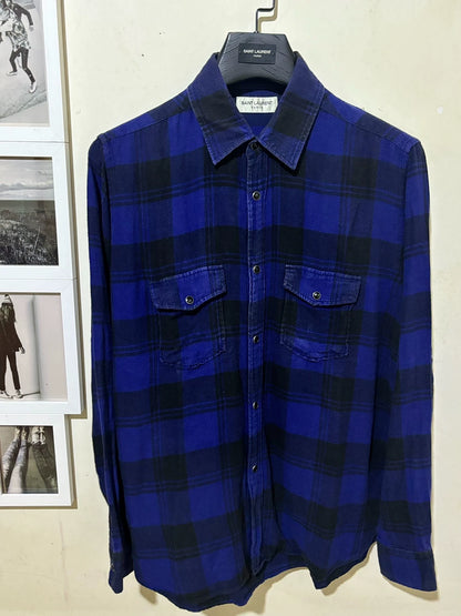 Saint Laurent Paris 17ss Klein blue pleated cat eye button shirt