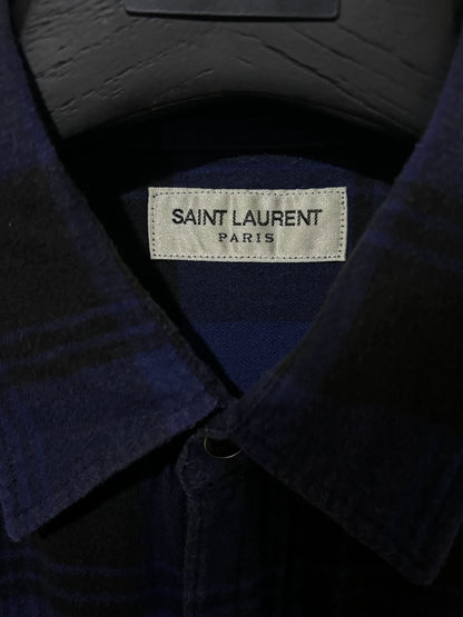 Saint Laurent Paris 17ss Klein blue pleated cat eye button shirt