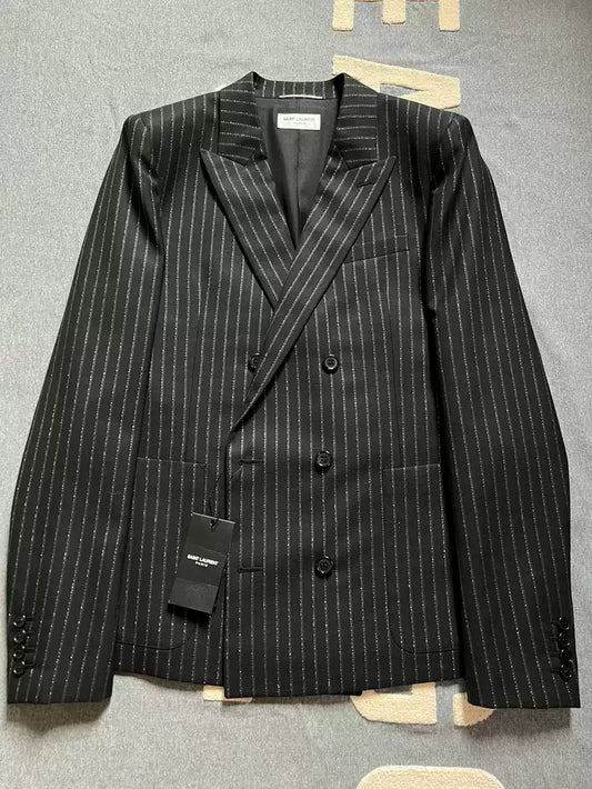 Saint Laurent Paris 19-show double-breasted silver line suit