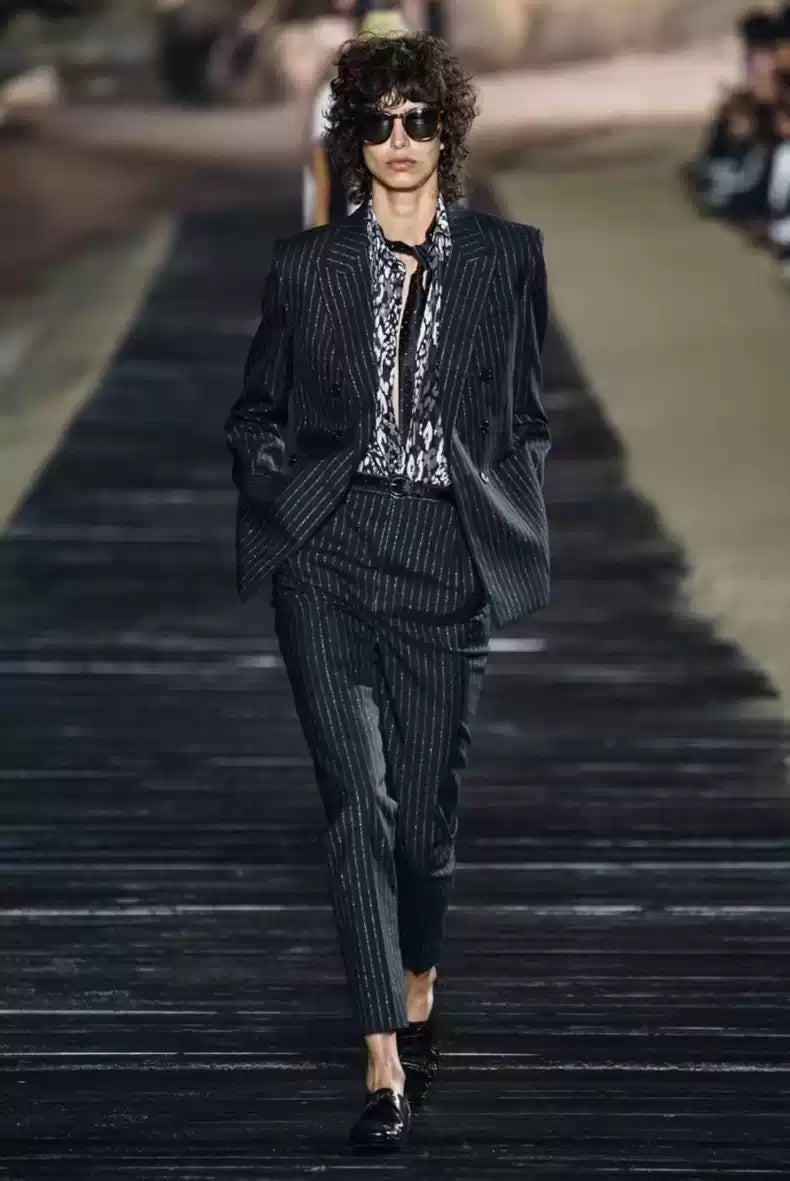 Saint Laurent Paris 19-show double-breasted silver line suit