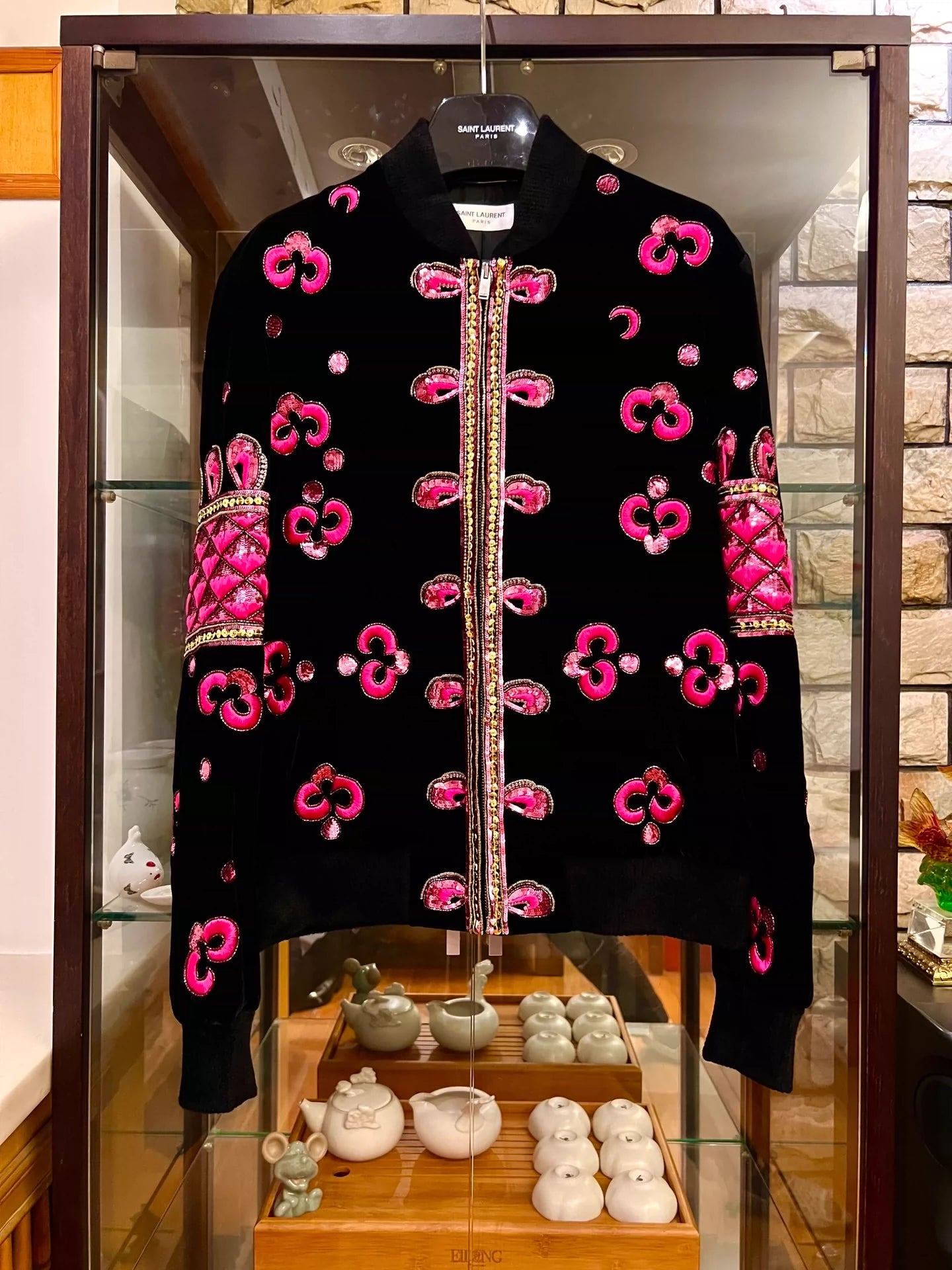 Saint Laurent Paris Poster style pink cherry blossom scale heavy embroidery jacket