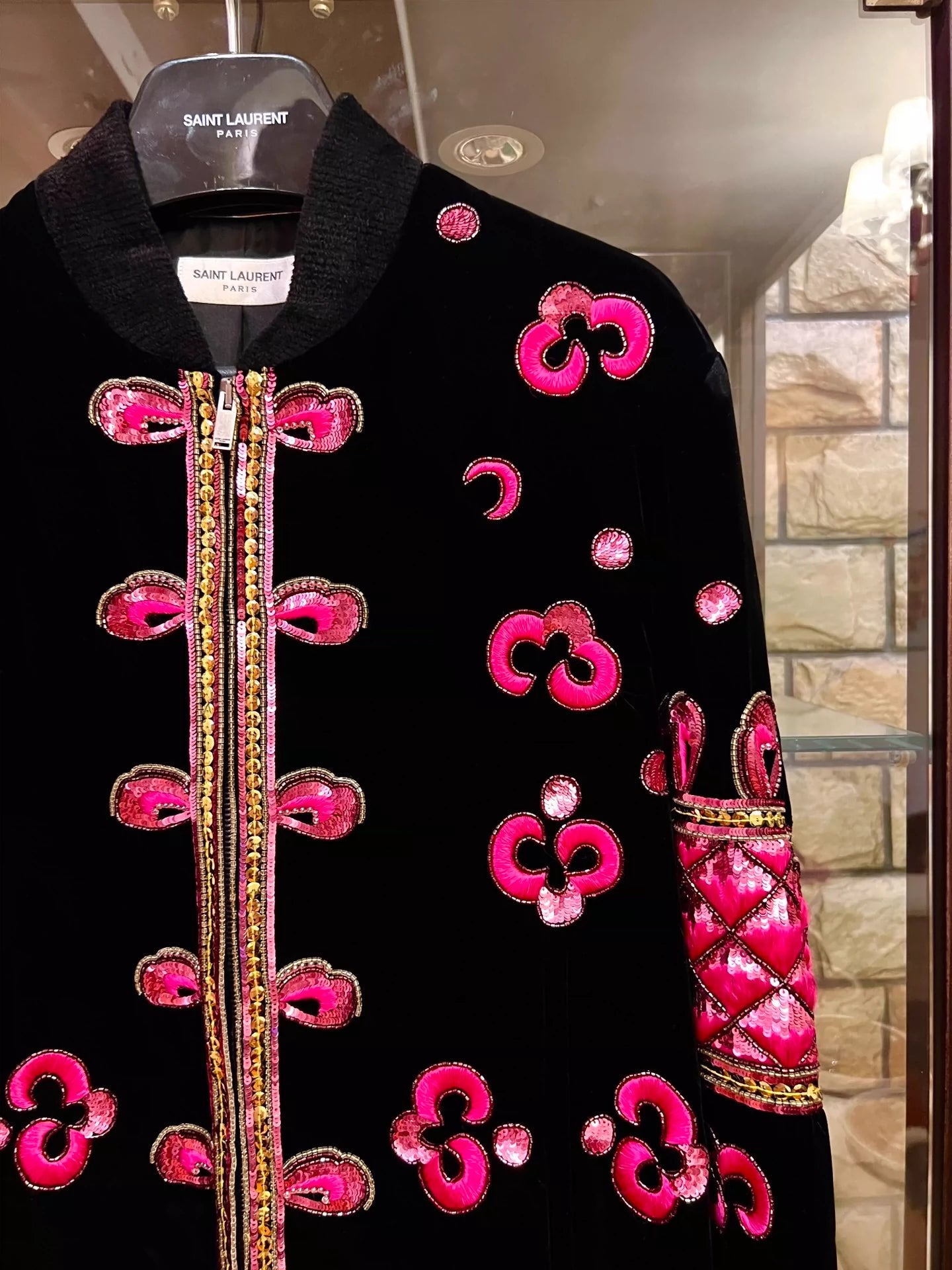 Saint Laurent Paris Poster style pink cherry blossom scale heavy embroidery jacket