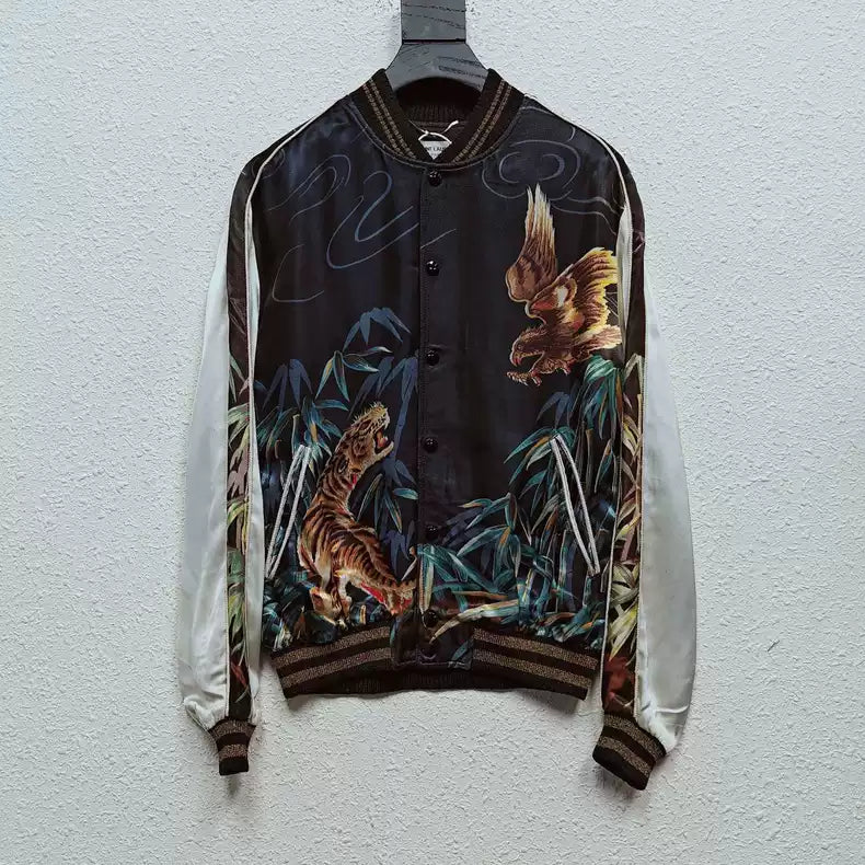 Saint Laurent Paris Eagle Tiger Fighting Velvet Baseball Jacket