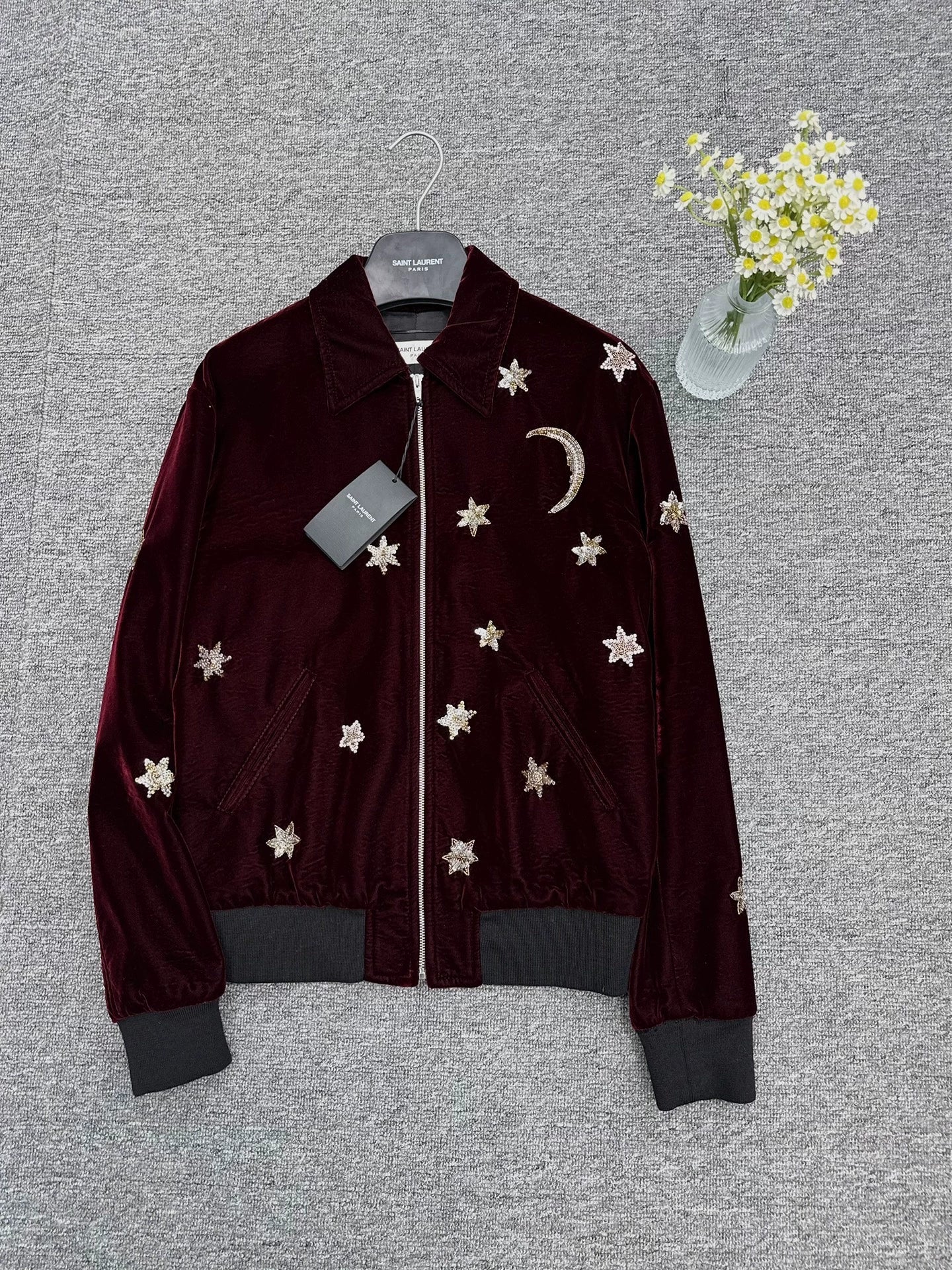 Saint Laurent ParisWine Red Velvet Star Moon Jacket