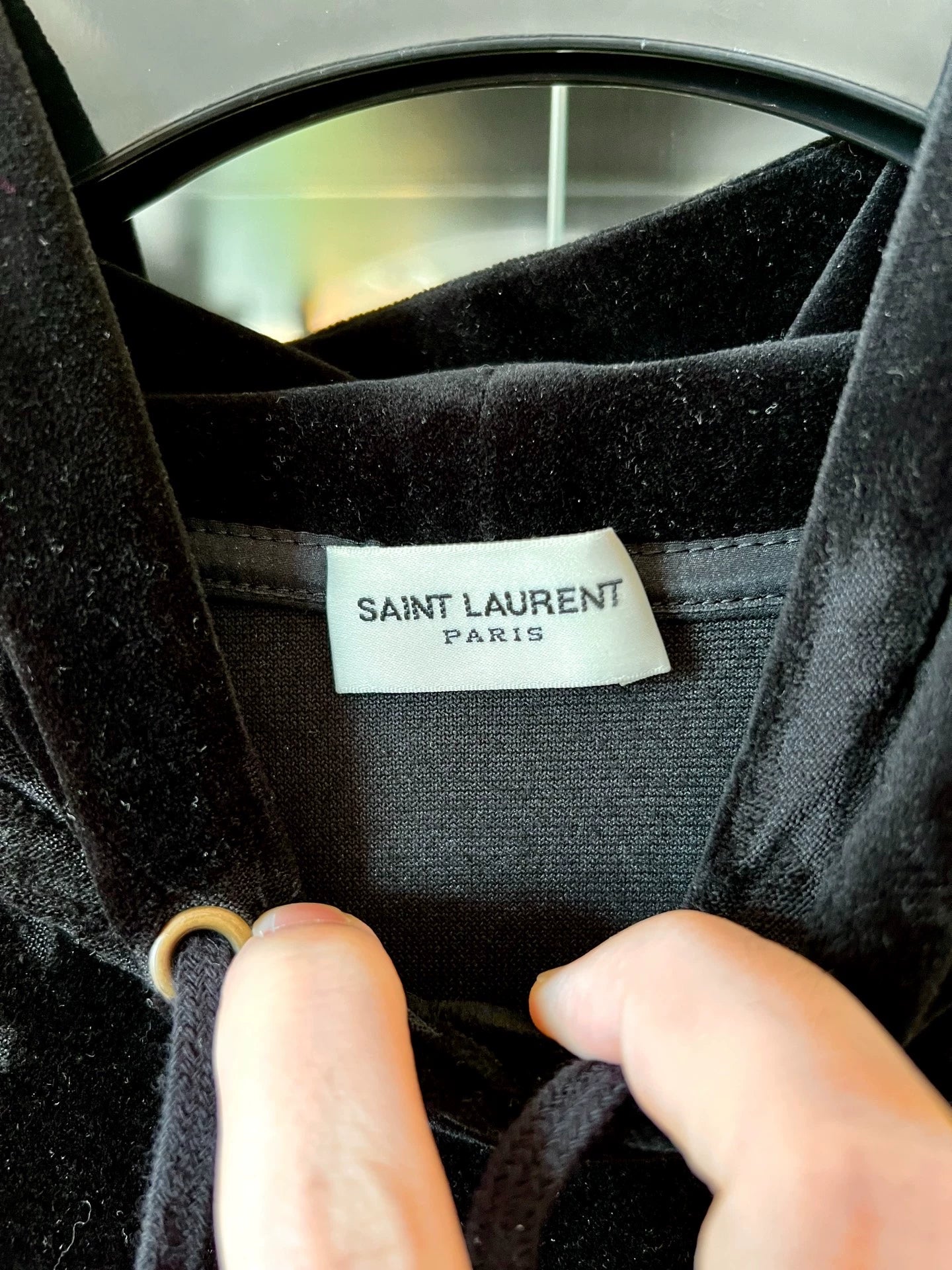 Saint Laurent Paris Black logo velvet distressed hoodie