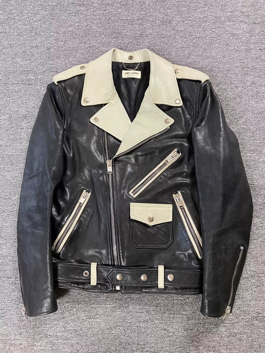 Saint Laurent slp14fw black and white motorcycle leather