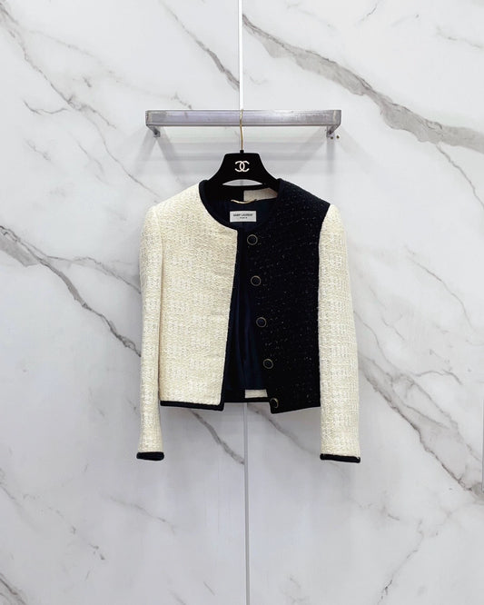 Saint Laurent Paris Color blocking round neck tweed jacket