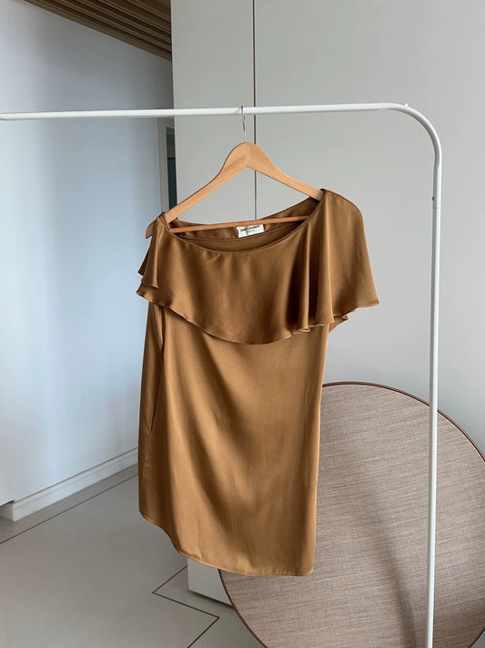 Saint Laurent Paris Champagne colored slanted shoulder dress