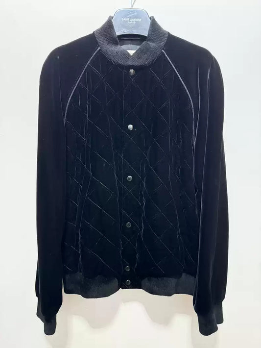 Saint Laurent Paris Black Velvet Diamond Grid Baseball Jacket