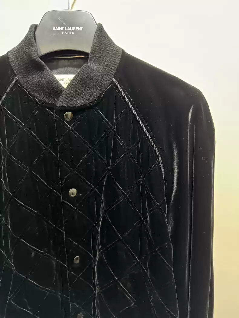 Saint Laurent Paris Black Velvet Diamond Grid Baseball Jacket