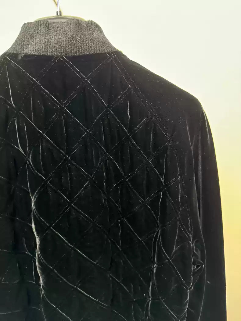 Saint Laurent Paris Black Velvet Diamond Grid Baseball Jacket