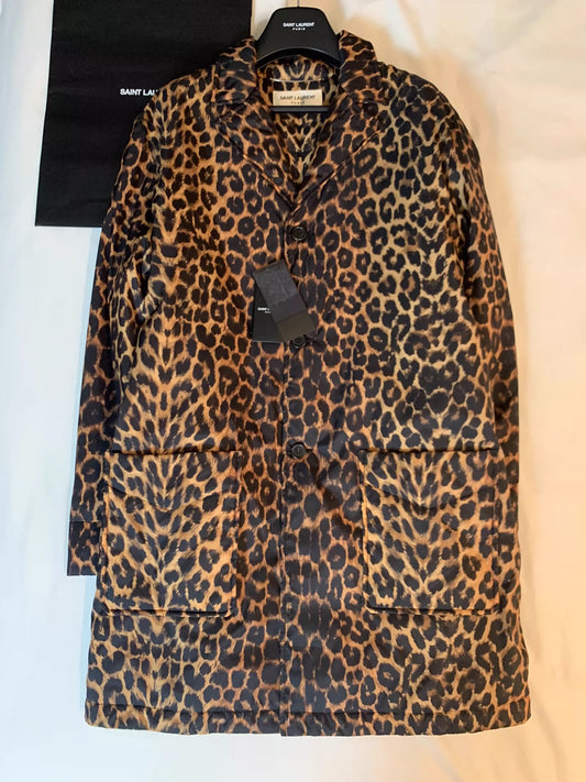 Saint Laurent Paris Thin down mid length leopard print jacket