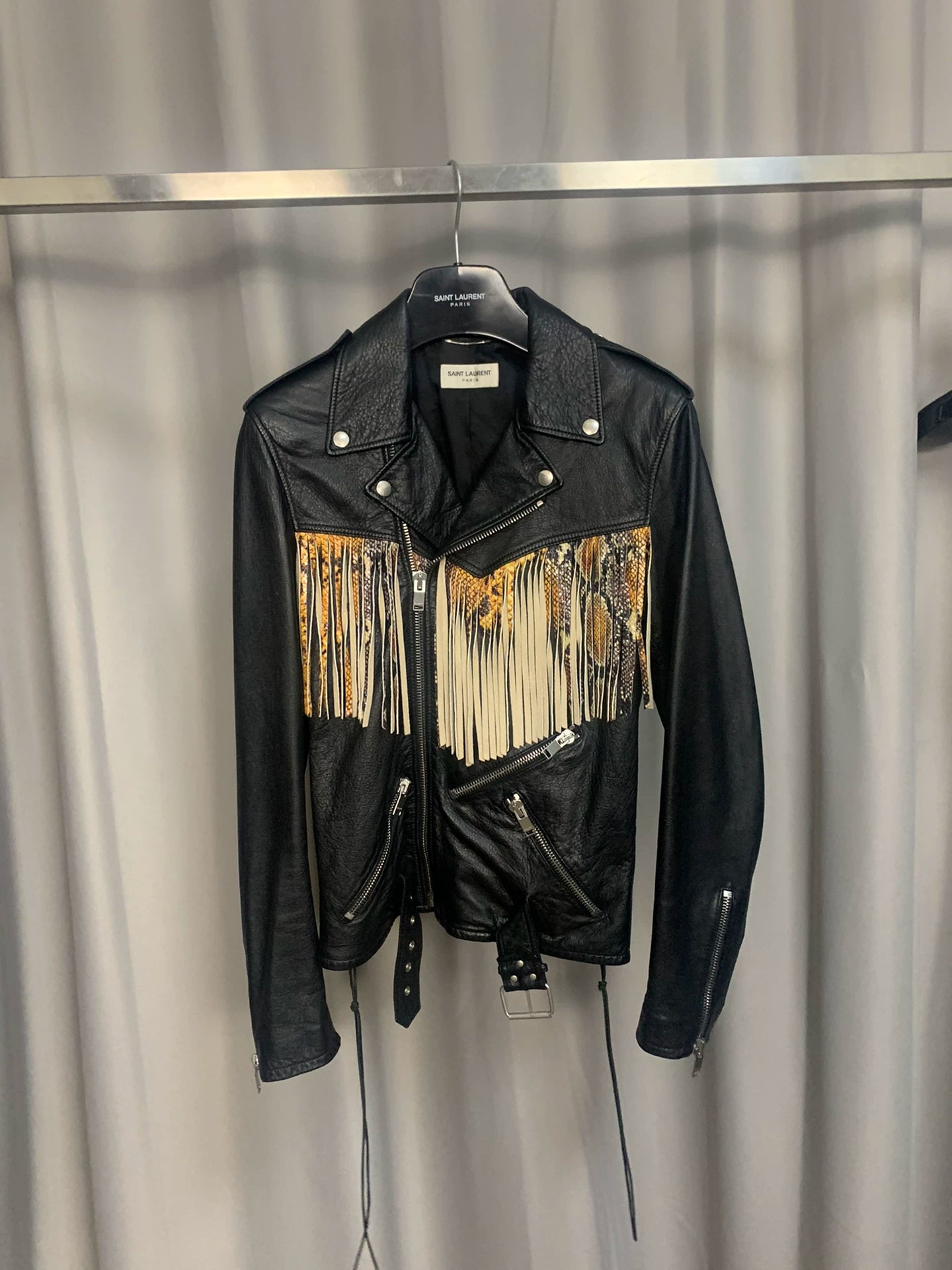 Saint Laurent Paris16ss snake patterned fringe leather jacket