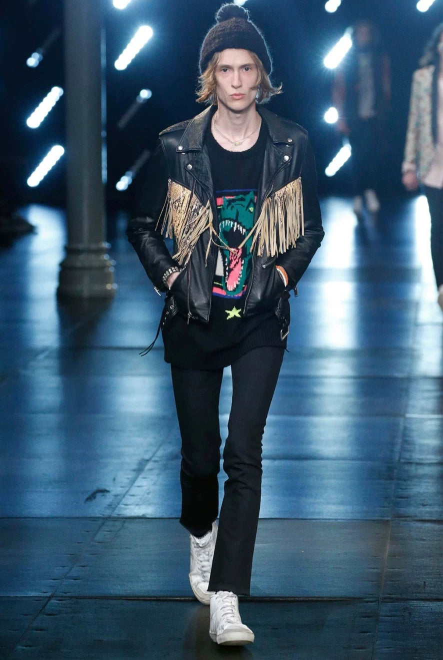 Saint Laurent Paris16ss snake patterned fringe leather jacket