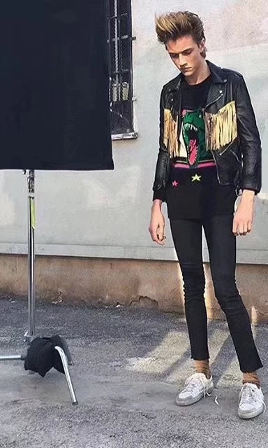 Saint Laurent Paris16ss snake patterned fringe leather jacket