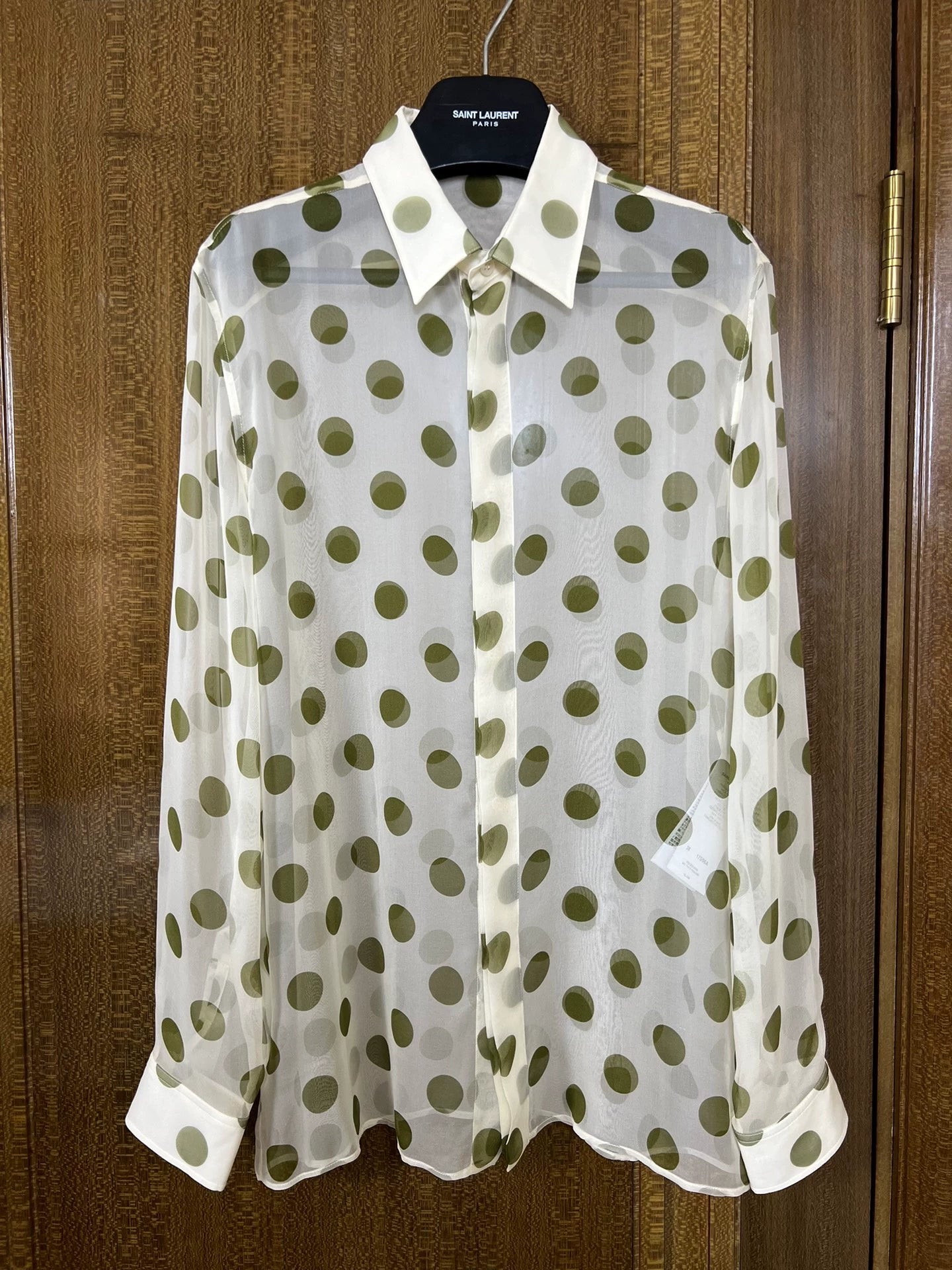 Saint Laurent Paris 24ss mulberry silk fresh green polka dot shirt