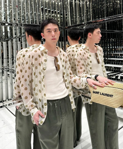 Saint Laurent Paris 24ss mulberry silk fresh green polka dot shirt